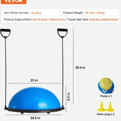 VEVOR Half Exercise Ball Trainer, 23 inch Balance Ball Trainer, 660lbs Capacity Stability Ball, Yoga Ball with Resistance Bands & Foot Pump, Strength Fitness Ball for Home Gym, Full Body Workout, Blue
