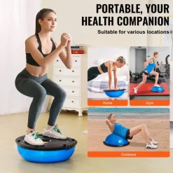 VEVOR Half Exercise Ball Trainer, 23 inch Balance Ball Trainer, 660lbs Capacity Stability Ball, Yoga Ball with Resistance Bands & Foot Pump, Strength Fitness Ball for Home Gym, Full Body Workout, Blue