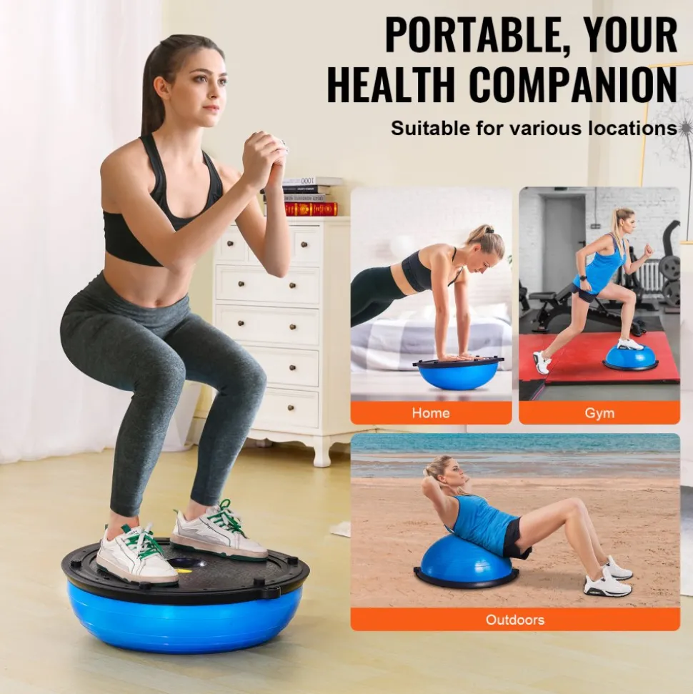VEVOR Half Exercise Ball Trainer, 23 inch Balance Ball Trainer, 660lbs Capacity Stability Ball, Yoga Ball with Resistance Bands & Foot Pump, Strength Fitness Ball for Home Gym, Full Body Workout, Blue