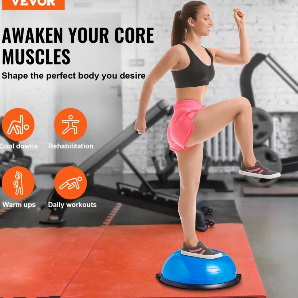 VEVOR Half Exercise Ball Trainer, 23 inch Balance Ball Trainer, 660lbs Capacity Stability Ball, Yoga Ball with Resistance Bands & Foot Pump, Strength Fitness Ball for Home Gym, Full Body Workout, Blue