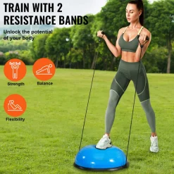 VEVOR Half Exercise Ball Trainer, 23 inch Balance Ball Trainer, 660lbs Capacity Stability Ball, Yoga Ball with Resistance Bands & Foot Pump, Strength Fitness Ball for Home Gym, Full Body Workout, Blue