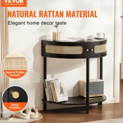 VEVOR Half-moon Rattan Console Table with 2 Drawers, Rattan Entryway Table with Natural Rattan Sliding Door, Console Table with Storage for Living Room, Study, Entryway Or TV Wall, Black