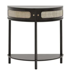 VEVOR Half-moon Rattan Console Table with 2 Drawers, Rattan Entryway Table with Natural Rattan Sliding Door, Console Table with Storage for Living Room, Study, Entryway Or TV Wall, Black