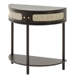 VEVOR Half-moon Rattan Console Table with 2 Drawers, Rattan Entryway Table with Natural Rattan Sliding Door, Console Table with Storage for Living Room, Study, Entryway Or TV Wall, Black