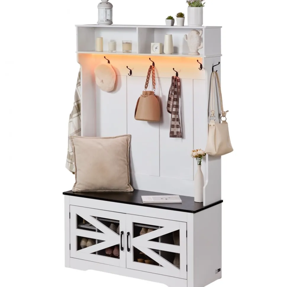 VEVOR Hall Tree Entryway Bench, Coat Rack with Shoe Storage, 32" Wide Mudroom bench with Storage and Seating, Adjustable Shelves and 5 Hanging Hooks with 4 Storage Drawers,for Mudroom,Entryway,Hallway