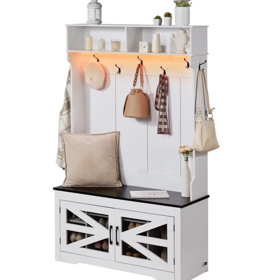 VEVOR Hall Tree Entryway Bench, Coat Rack with Shoe Storage, 32" Wide Mudroom bench with Storage and Seating, Adjustable Shelves and 5 Hanging Hooks with 4 Storage Drawers,for Mudroom,Entryway,Hallway