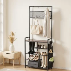 VEVOR Hall Tree, 70.9 in Coat Rack with Shoe Storage, Freestanding 4-Tier Shoe Rack Organizer with Hooks, Side Pocket and Wire Shelf, Steel Frame Entrance Coat Holder for Entryway, Bedroom, Closet