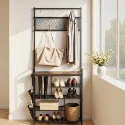 VEVOR Hall Tree, 70.9 in Coat Rack with Shoe Storage, Freestanding 4-Tier Shoe Rack Organizer with Hooks, Side Pocket and Wire Shelf, Steel Frame Entrance Coat Holder for Entryway, Bedroom, Closet
