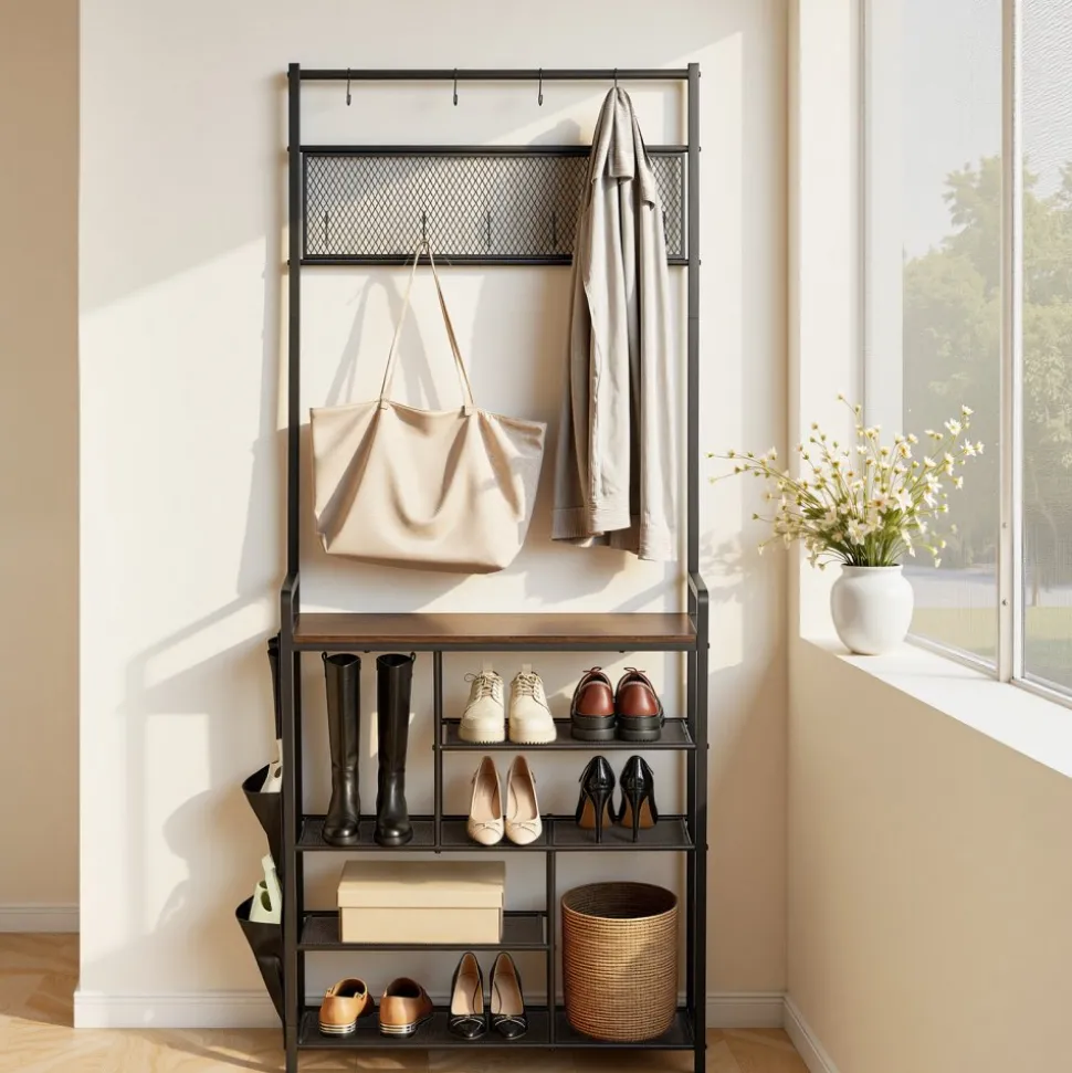 VEVOR Hall Tree, 70.9 in Coat Rack with Shoe Storage, Freestanding 4-Tier Shoe Rack Organizer with Hooks, Side Pocket and Wire Shelf, Steel Frame Entrance Coat Holder for Entryway, Bedroom, Closet