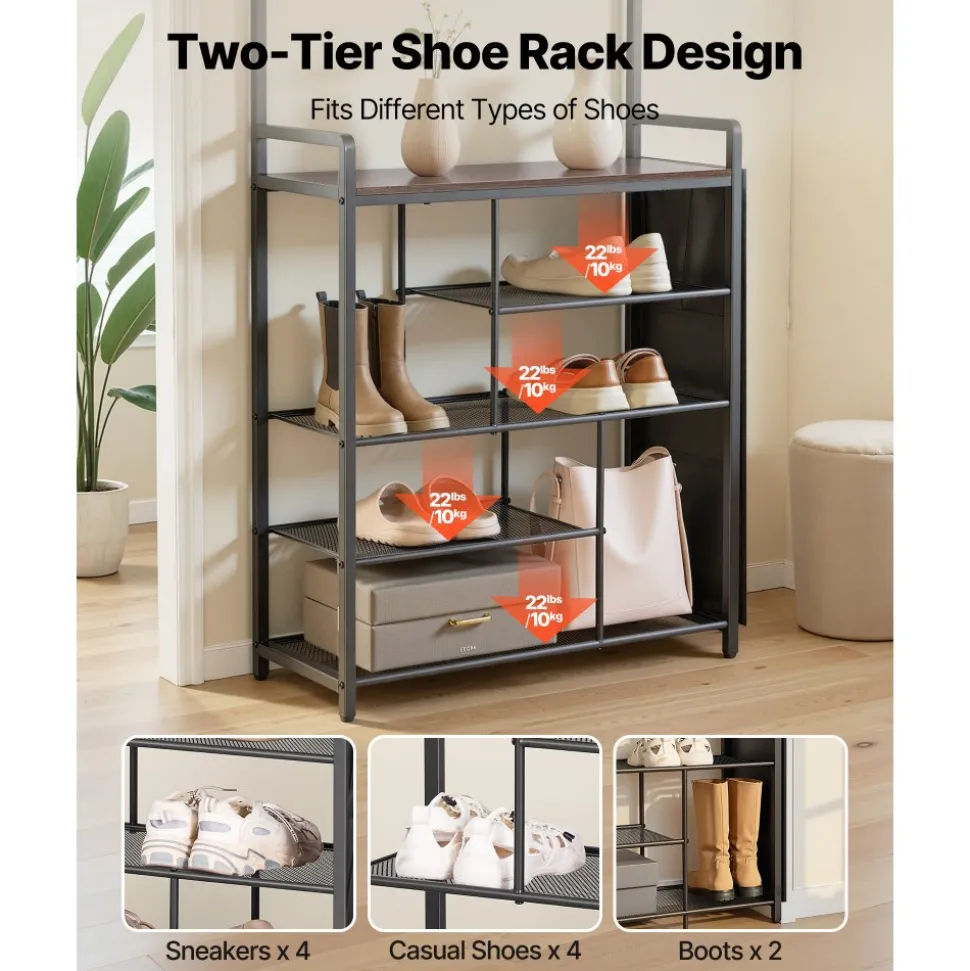 VEVOR Hall Tree, 70.9 in Coat Rack with Shoe Storage, Freestanding 4-Tier Shoe Rack Organizer with Hooks, Side Pocket and Wire Shelf, Steel Frame Entrance Coat Holder for Entryway, Bedroom, Closet