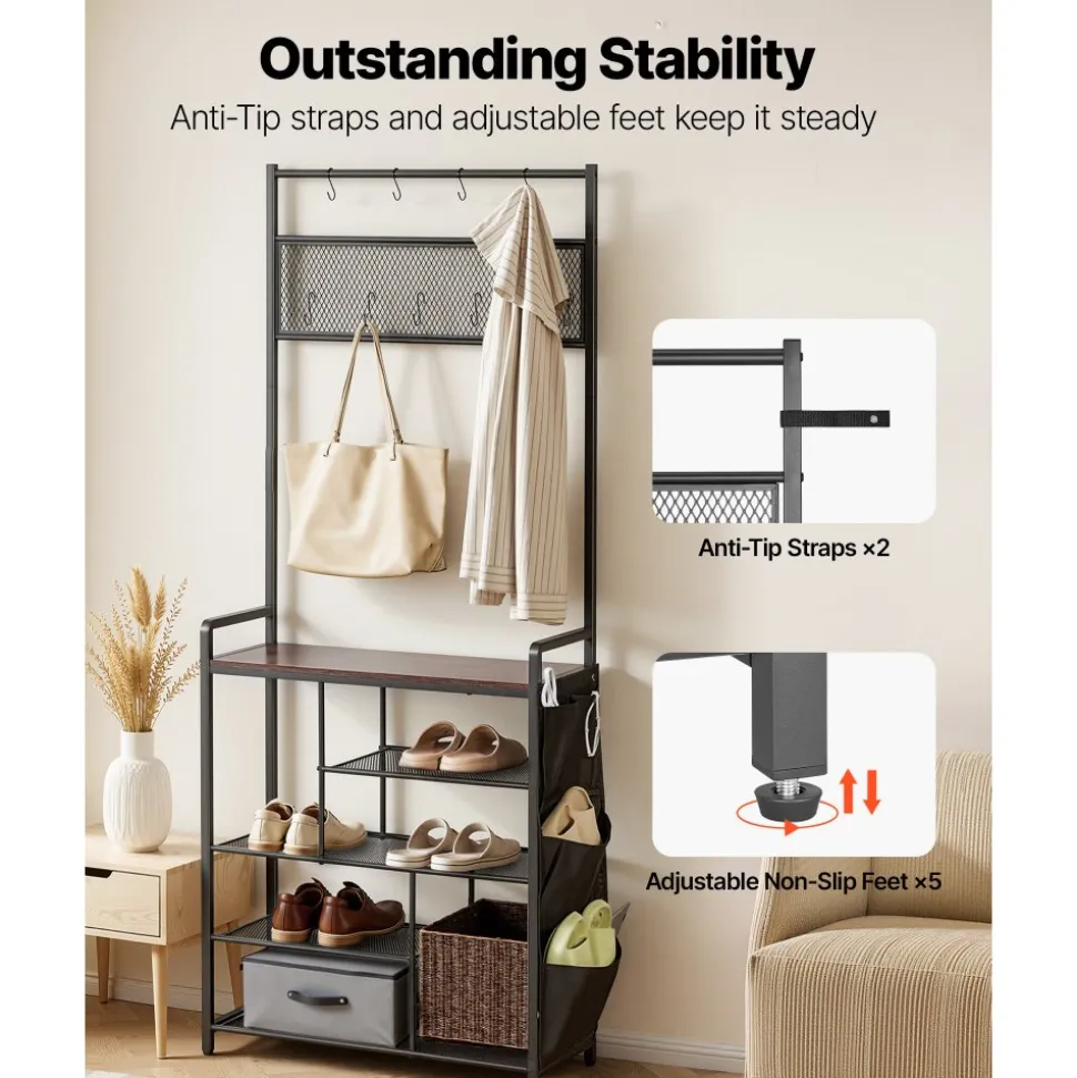 VEVOR Hall Tree, 70.9 in Coat Rack with Shoe Storage, Freestanding 4-Tier Shoe Rack Organizer with Hooks, Side Pocket and Wire Shelf, Steel Frame Entrance Coat Holder for Entryway, Bedroom, Closet