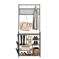VEVOR Hall Tree, 70.9 in Coat Rack with Shoe Storage, Freestanding 4-Tier Shoe Rack Organizer with Hooks, Side Pocket and Wire Shelf, Steel Frame Entrance Coat Holder for Entryway, Bedroom, Closet