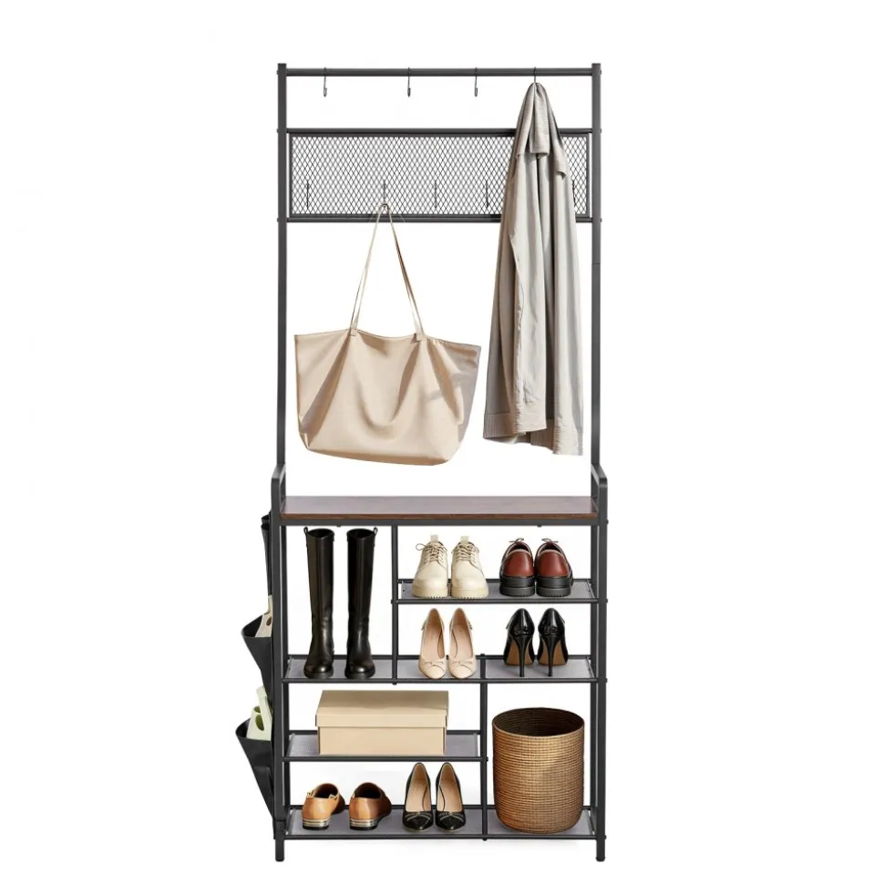 VEVOR Hall Tree, 70.9 in Coat Rack with Shoe Storage, Freestanding 4-Tier Shoe Rack Organizer with Hooks, Side Pocket and Wire Shelf, Steel Frame Entrance Coat Holder for Entryway, Bedroom, Closet
