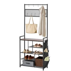 VEVOR Hall Tree, 70.9 in Coat Rack with Shoe Storage, Freestanding 4-Tier Shoe Rack Organizer with Hooks, Side Pocket and Wire Shelf, Steel Frame Entrance Coat Holder for Entryway, Bedroom, Closet