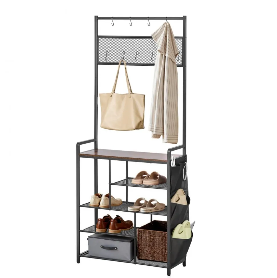 VEVOR Hall Tree, 70.9 in Coat Rack with Shoe Storage, Freestanding 4-Tier Shoe Rack Organizer with Hooks, Side Pocket and Wire Shelf, Steel Frame Entrance Coat Holder for Entryway, Bedroom, Closet