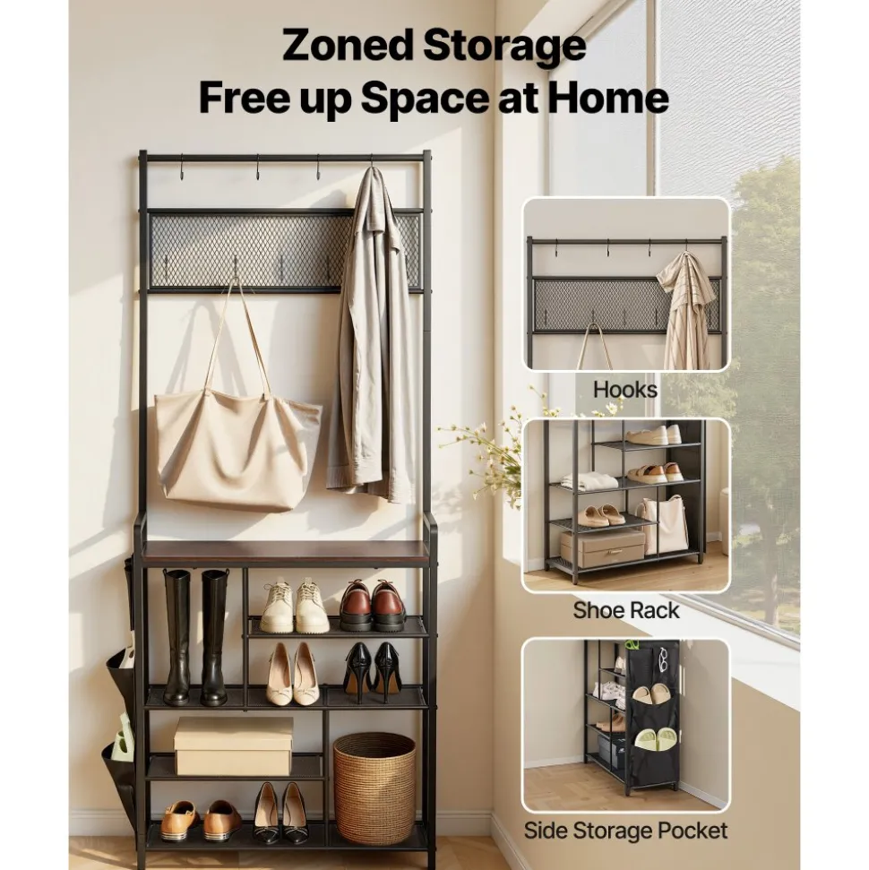 VEVOR Hall Tree, 70.9 in Coat Rack with Shoe Storage, Freestanding 4-Tier Shoe Rack Organizer with Hooks, Side Pocket and Wire Shelf, Steel Frame Entrance Coat Holder for Entryway, Bedroom, Closet