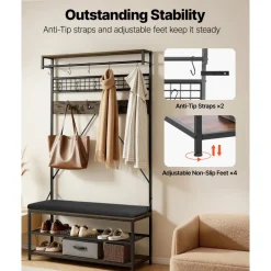 VEVOR Hall Tree, 72 in Coat Rack with Shoe Bench, 2-Tier Freestanding Shoe Rack Storage Organizer with Hooks, Hanging Rod and Wire Shelf, Steel Frame Entrance Coat Holder for Entry, Bedroom, Closet