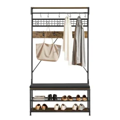VEVOR Hall Tree, 72 in Coat Rack with Shoe Bench, 2-Tier Freestanding Shoe Rack Storage Organizer with Hooks, Hanging Rod and Wire Shelf, Steel Frame Entrance Coat Holder for Entry, Bedroom, Closet