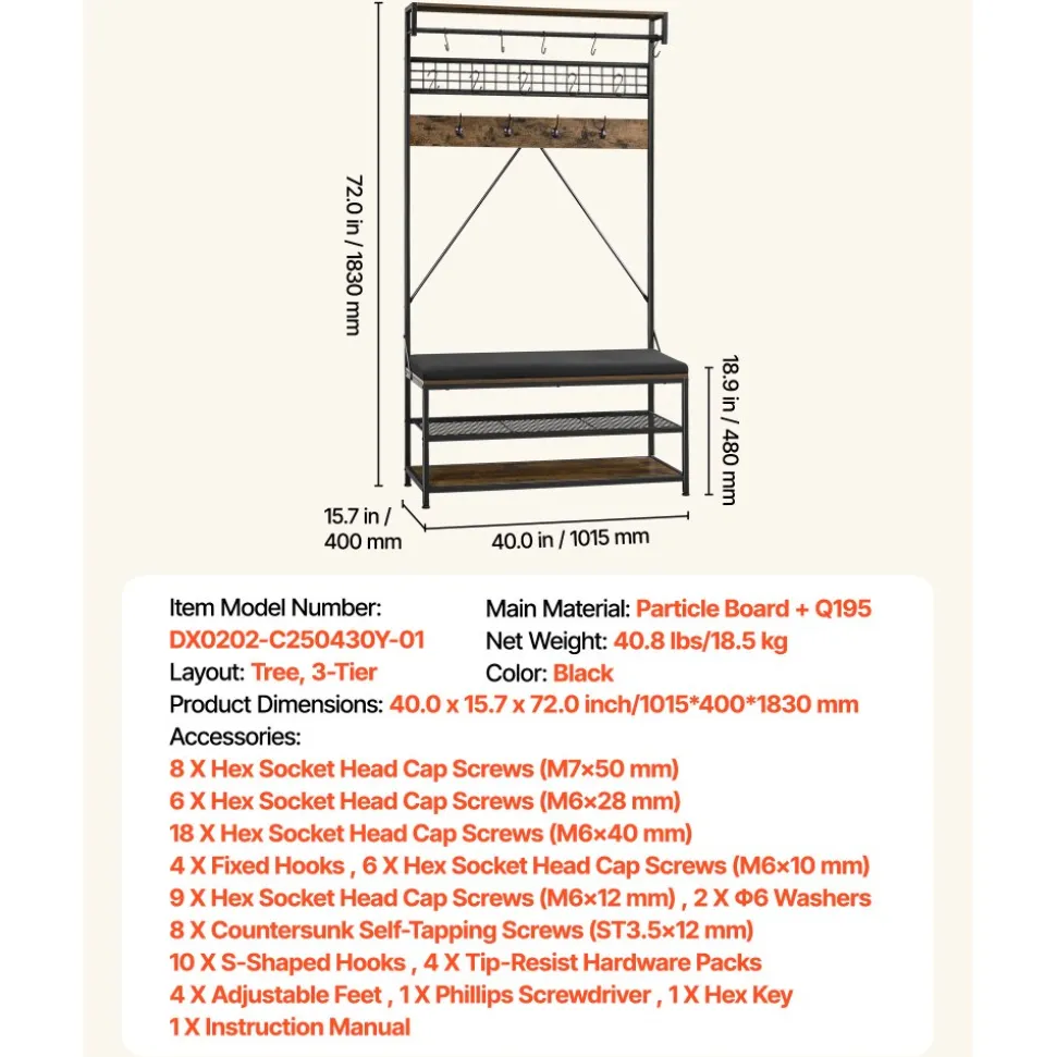 VEVOR Hall Tree, 72 in Coat Rack with Shoe Bench, 2-Tier Freestanding Shoe Rack Storage Organizer with Hooks, Hanging Rod and Wire Shelf, Steel Frame Entrance Coat Holder for Entry, Bedroom, Closet