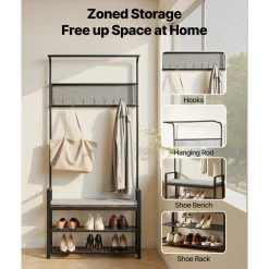 VEVOR Hall Tree, 72 in Coat Rack with Shoe Bench, Freestanding 2-Tier Shoe Rack Storage Organizer with Hooks, Hanging Rod and Wire Shelf, Steel Frame Entrance Coat Holder for Entry, Bedroom, Closet