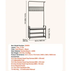 VEVOR Hall Tree, 72 in Coat Rack with Shoe Bench, Freestanding 2-Tier Shoe Rack Storage Organizer with Hooks, Hanging Rod and Wire Shelf, Steel Frame Entrance Coat Holder for Entry, Bedroom, Closet