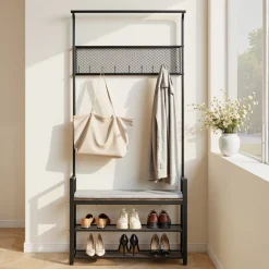 VEVOR Hall Tree, 72 in Coat Rack with Shoe Bench, Freestanding 2-Tier Shoe Rack Storage Organizer with Hooks, Hanging Rod and Wire Shelf, Steel Frame Entrance Coat Holder for Entry, Bedroom, Closet