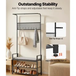 VEVOR Hall Tree, 72 in Coat Rack with Shoe Bench, Freestanding 2-Tier Shoe Rack Storage Organizer with Hooks, Hanging Rod and Wire Shelf, Steel Frame Entrance Coat Holder for Entry, Bedroom, Closet