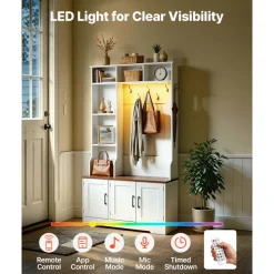 VEVOR Hall Tree with Bench and Shoe Storage, 39" Wide, Entryway Hall Tree with Bench, Hanging Hooks, Storage Shelves, Adjustable Shoe Shelves, LED Light, Wooden, for Mudroom, Entryway, Hallway, White