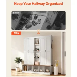 VEVOR Hall Tree with Bench and Shoe Storage, 63" Wide, 4-in-1 Entryway Hall Tree with Bench, Hanging Hooks, Storage Cabinet, and Shoe Cabinet, Wooden Furniture for Mudroom, Entryway, Hallway, White