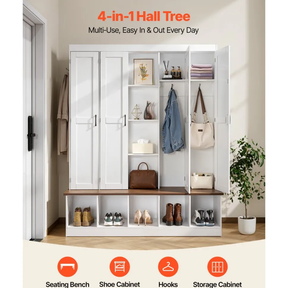 VEVOR Hall Tree with Bench and Shoe Storage, 63" Wide, 4-in-1 Entryway Hall Tree with Bench, Hanging Hooks, Storage Cabinet, and Shoe Cabinet, Wooden Furniture for Mudroom, Entryway, Hallway, White