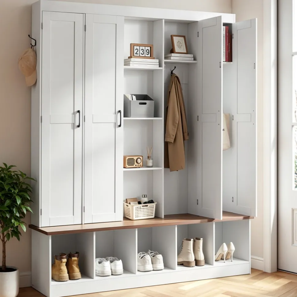 VEVOR Hall Tree with Bench and Shoe Storage, 63" Wide, 4-in-1 Entryway Hall Tree with Bench, Hanging Hooks, Storage Cabinet, and Shoe Cabinet, Wooden Furniture for Mudroom, Entryway, Hallway, White