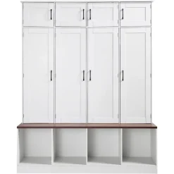 VEVOR Hall Tree with Bench and Shoe Storage, 59" Wide, 4-in-1 Entryway Hall Tree with Bench, Hanging Hooks, Storage Cabinet, and Shoe Cabinet, Wooden Furniture for Mudroom, Entryway, Hallway, White