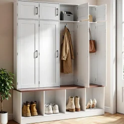 VEVOR Hall Tree with Bench and Shoe Storage, 59" Wide, 4-in-1 Entryway Hall Tree with Bench, Hanging Hooks, Storage Cabinet, and Shoe Cabinet, Wooden Furniture for Mudroom, Entryway, Hallway, White