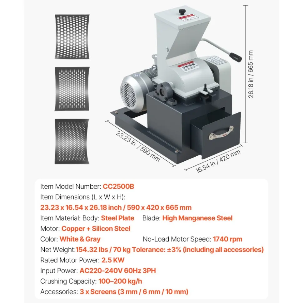 VEVOR Hammer Crusher, 2.5KW 220V Electric Rock Stone Shatter Grinder, Glass Crushing Machine with 100 to 200 kg/h Crushing Capacity, Coal Crusher Milling Machine with 0.12/0.24/0.4 inch Sieve Screens