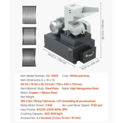 VEVOR Hammer Crusher, 3KW 220V Electric Rock Stone Shatter Grinder, Glass Crushing Machine with 400 to 600 kg/h Crushing Capacity, Coal Crusher Milling Machine with 0.12/0.24/0.4 inch Sieve Screens