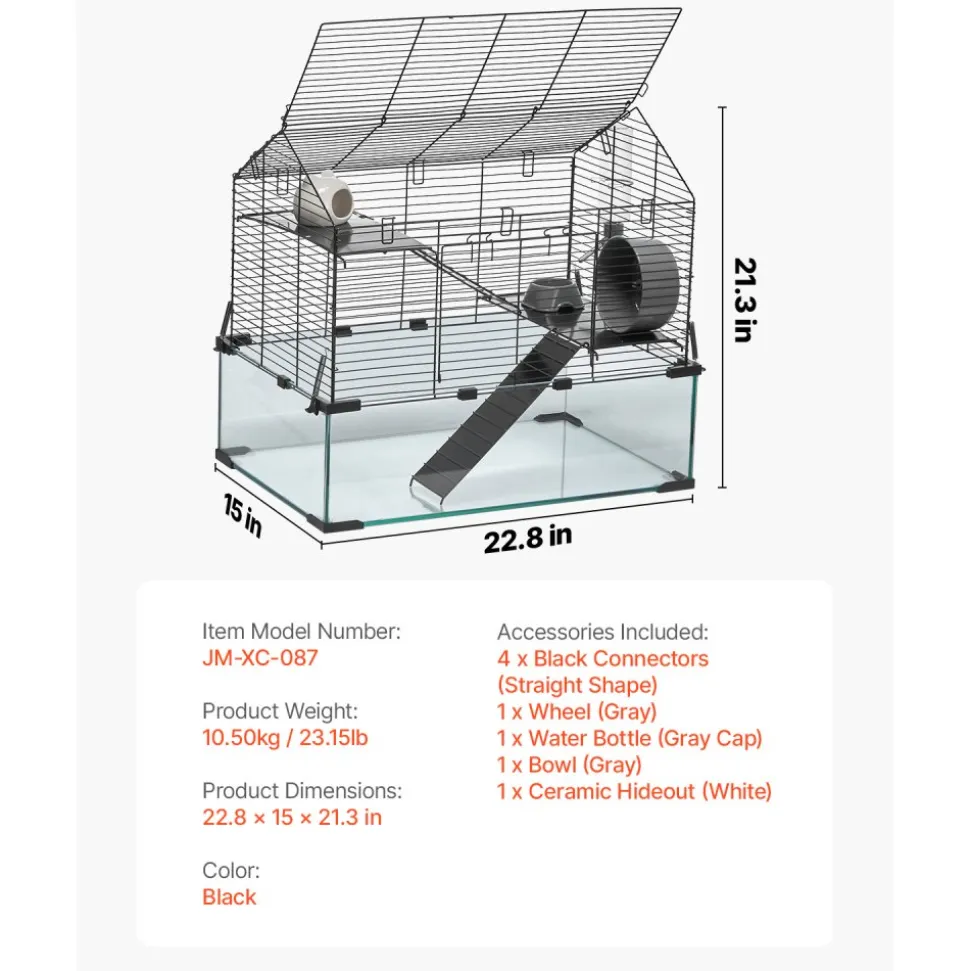 VEVOR Hamster Cage, 360° Viewing Transparent Hamster Habitats, Small Animal Cage, 22.8 x 15 x 21.3 in, Ventilated Pet Mouse Cages with Water Bottle, Portable Hamster House for Rats, Guinea Pigs