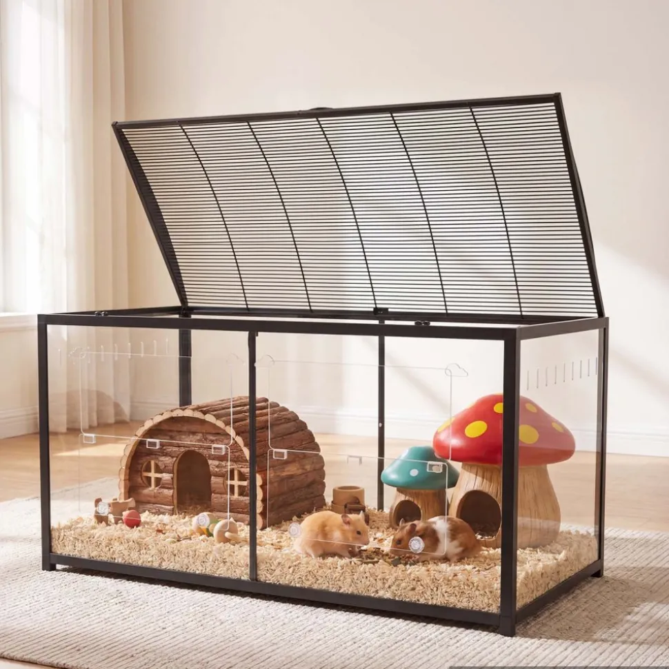 VEVOR Hamster Cage 47.2"x23.6"x25.4" 360° Viewing Metal Hamster Habitat, Transparent Small Animal Cage with Top Access & Front Door, Large Portable Pet House for Guinea Pig, Gerbil (7.7 ft², Black)