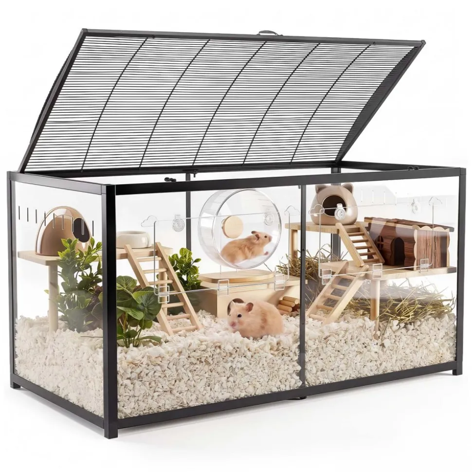 VEVOR Hamster Cage 47.2"x23.6"x25.4" 360° Viewing Metal Hamster Habitat, Transparent Small Animal Cage with Top Access & Front Door, Large Portable Pet House for Guinea Pig, Gerbil (7.7 ft², Black)
