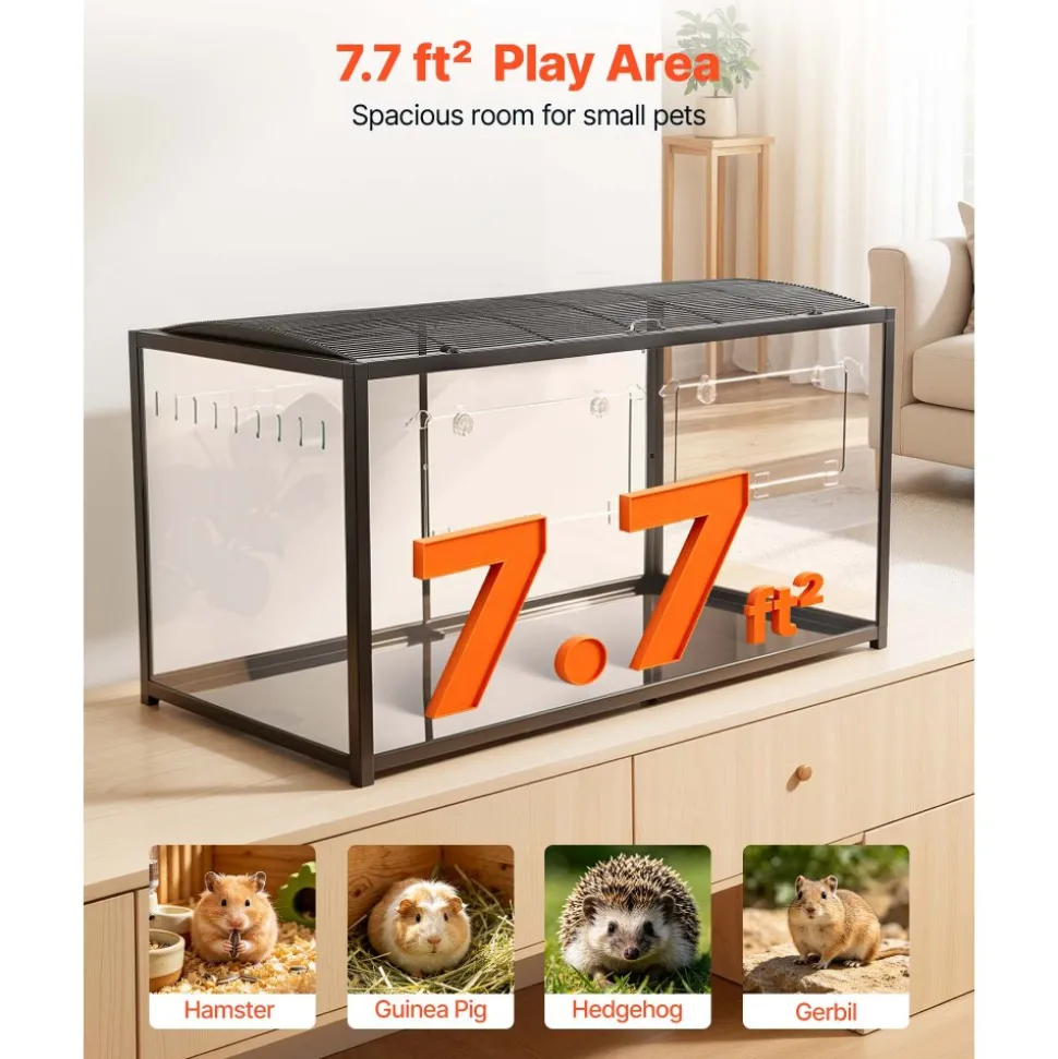 VEVOR Hamster Cage 47.2"x23.6"x25.4" 360° Viewing Metal Hamster Habitat, Transparent Small Animal Cage with Top Access & Front Door, Large Portable Pet House for Guinea Pig, Gerbil (7.7 ft², Black)