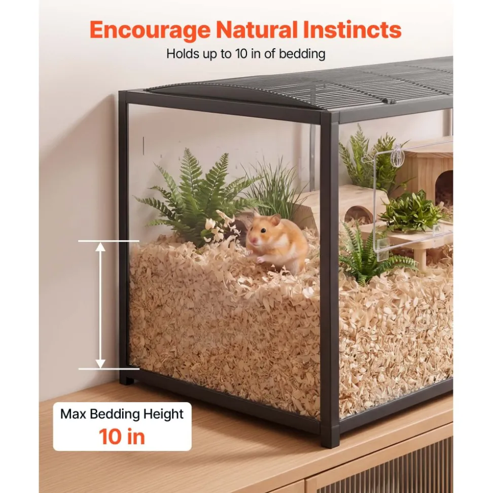 VEVOR Hamster Cage 47.2"x23.6"x25.4" 360° Viewing Metal Hamster Habitat, Transparent Small Animal Cage with Top Access & Front Door, Large Portable Pet House for Guinea Pig, Gerbil (7.7 ft², Black)