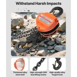 VEVOR Hand Chain Hoist, 2 Ton 4400 lbs Capacity, Manual Chain Block with Upgrade G80 Galvanized Chain, 10 ft Lifting Height, Heavy Duty Pulley Hoist for Garage Warehouse Automotive Machinery, Orange