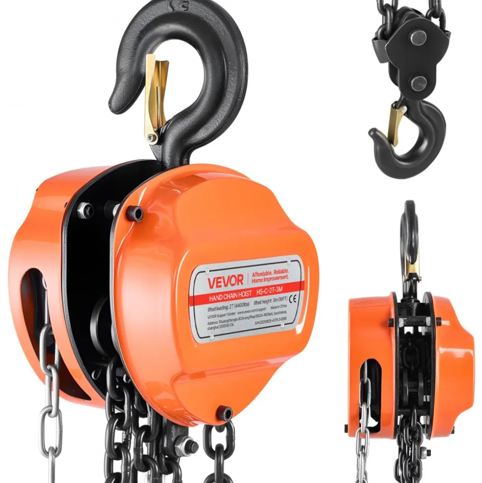 VEVOR Hand Chain Hoist, 2 Ton 4400 lbs Capacity, Manual Chain Block with Upgrade G80 Galvanized Chain, 10 ft Lifting Height, Heavy Duty Pulley Hoist for Garage Warehouse Automotive Machinery, Orange