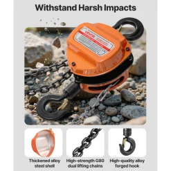 VEVOR Hand Chain Hoist, 1 Ton 2200 lbs Capacity, Manual Chain Block with Upgrade G80 Galvanized Chain, 10 ft Lifting Height, Heavy Duty Pulley Hoist for Garage Warehouse Automotive Machinery, Orange