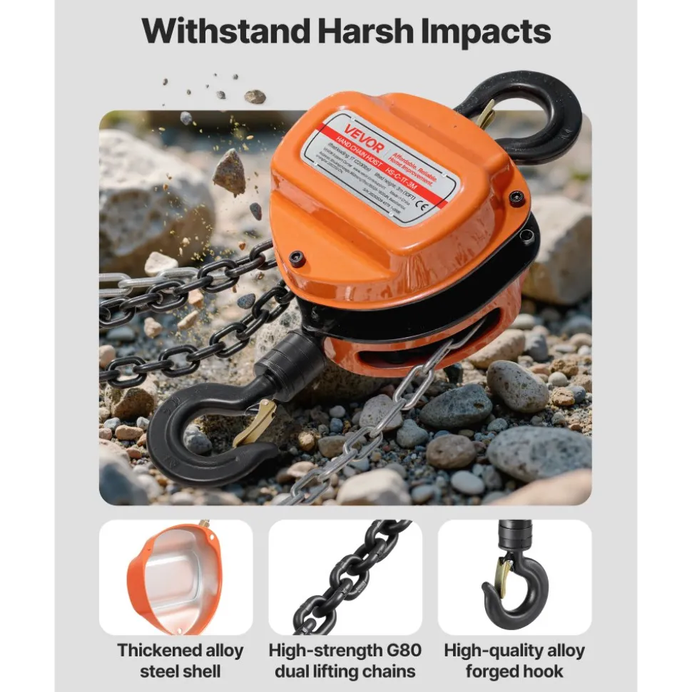 VEVOR Hand Chain Hoist, 1 Ton 2200 lbs Capacity, Manual Chain Block with Upgrade G80 Galvanized Chain, 10 ft Lifting Height, Heavy Duty Pulley Hoist for Garage Warehouse Automotive Machinery, Orange