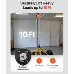 VEVOR Hand Chain Hoist, 1 Ton 2200 lbs Capacity, Manual Chain Block with Upgrade G80 Galvanized Chain, 10 ft Lifting Height, Heavy Duty Pulley Hoist for Garage Warehouse Automotive Machinery, Orange