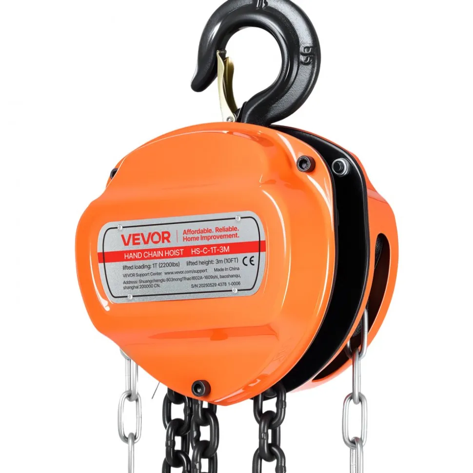 VEVOR Hand Chain Hoist, 1 Ton 2200 lbs Capacity, Manual Chain Block with Upgrade G80 Galvanized Chain, 10 ft Lifting Height, Heavy Duty Pulley Hoist for Garage Warehouse Automotive Machinery, Orange