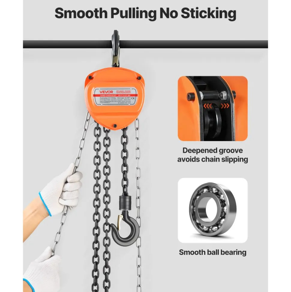 VEVOR Hand Chain Hoist, 1/2 Ton 1100 lbs Capacity, Manual Chain Block with Upgrade G80 Galvanized Chain, 10 ft Lifting Height, Heavy Duty Pulley Hoist for Garage Warehouse Automotive Machinery, Orange
