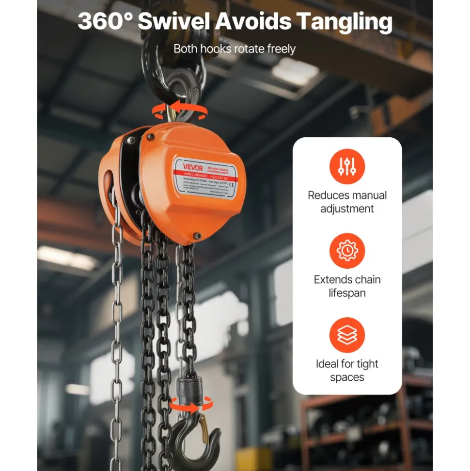 VEVOR Hand Chain Hoist, 1/2 Ton 1100 lbs Capacity, Manual Chain Block with Upgrade G80 Galvanized Chain, 10 ft Lifting Height, Heavy Duty Pulley Hoist for Garage Warehouse Automotive Machinery, Orange