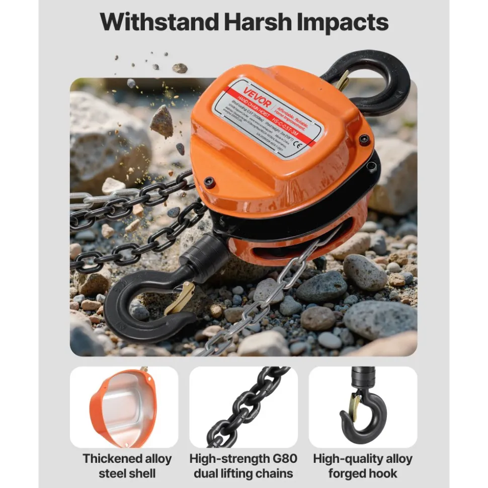VEVOR Hand Chain Hoist, 1/2 Ton 1100 lbs Capacity, Manual Chain Block with Upgrade G80 Galvanized Chain, 10 ft Lifting Height, Heavy Duty Pulley Hoist for Garage Warehouse Automotive Machinery, Orange