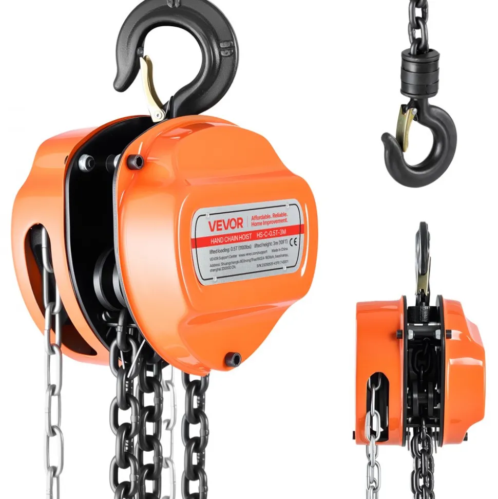 VEVOR Hand Chain Hoist, 1/2 Ton 1100 lbs Capacity, Manual Chain Block with Upgrade G80 Galvanized Chain, 10 ft Lifting Height, Heavy Duty Pulley Hoist for Garage Warehouse Automotive Machinery, Orange